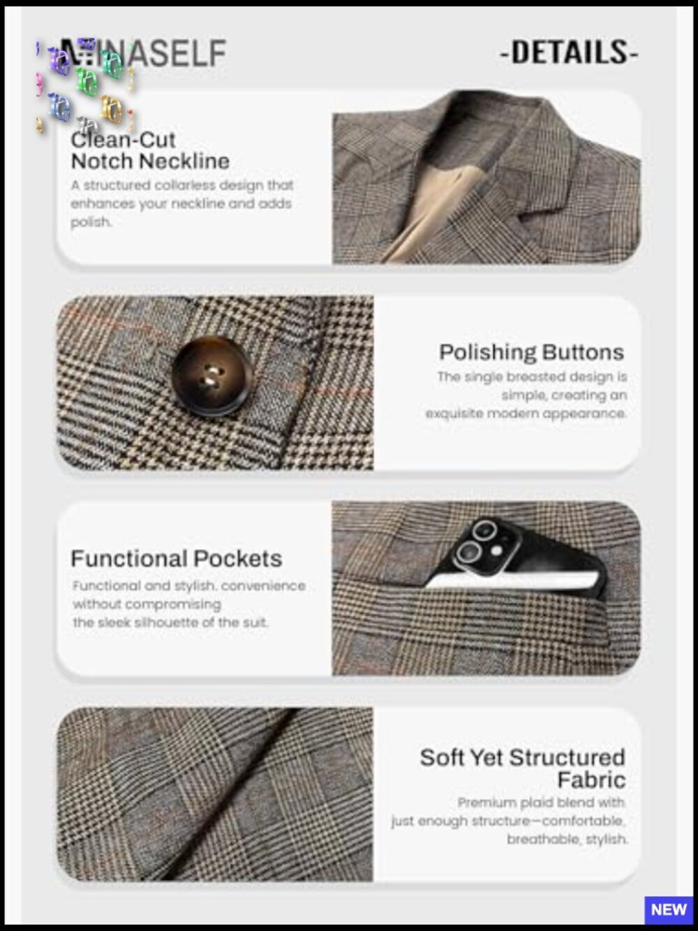 Lightweight Notched Lapel Blazer Plaid Dressy Casual Work Office Jacket - Picture 6 of 7